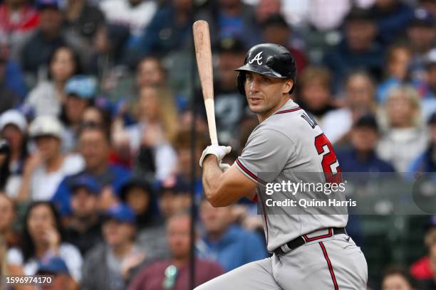 Matt Olson of the Atlanta Braves hits an RBI single in the fifth inning against Justin Steele of the Chicago Cubs at Wrigley Field on August 06, 2023...