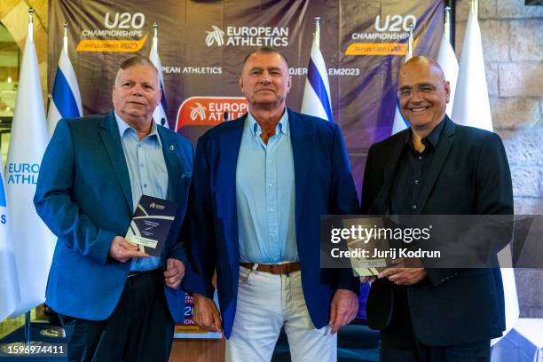 Deputy mayor of Jerusalem Elisha Peleg of Israel, President of European Athletics Dobromir Karamarinov of Bulgaria and President of LOC Ami Baran of...