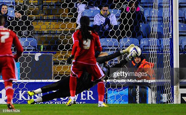Kasper Schmeichel of Leicester saves a late penalty from Marvin Emnes of Boro during the Npower Championship between Leicester City and Middlesbrough...