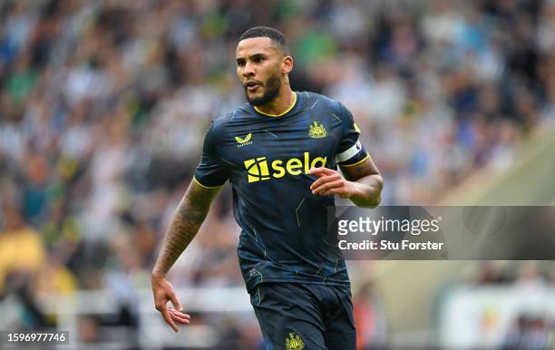 Jamaal Lascelles of Newcastle in action during the pre-season friendly match between Newcastle United and Villarreal CF at St James' Park on August...