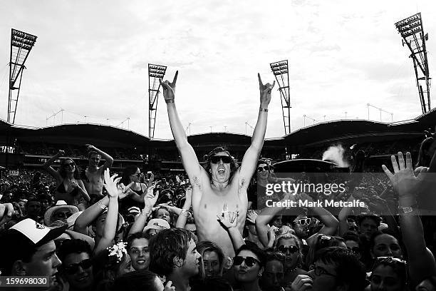 Festival-goers watch Vampire Weekend perform at Big Day Out 2013 at Sydney Showground on January 18, 2013 in Sydney, Australia.