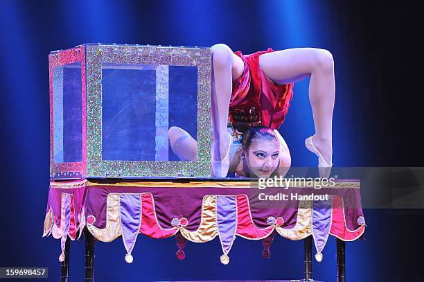In this handout photo provided by Palais Princier, Performers act on stage during the Monte-Carlo 37th International Circus Festival on January 18,...