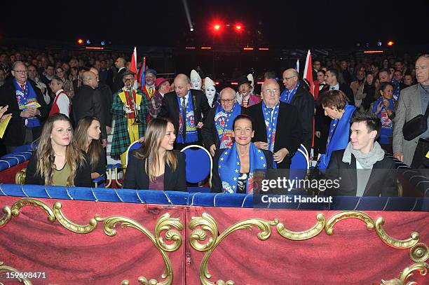 In this handout photo provided by Palais Princier, Camille Gotlieb, Pauline Ducruet, Princess Stephanie of Monaco and Louis Ducruet attends the...