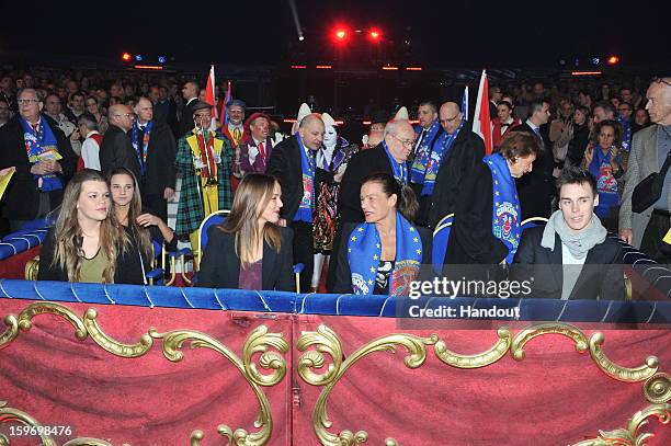 In this handout photo provided by Palais Princier, Camille Gotlieb, Pauline Ducruet, Princess Stephanie of Monaco and Louis Ducruet attends the...