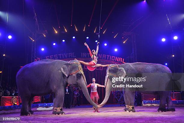 In this handout photo provided by Palais Princier, Performers act on stage during the Monte-Carlo 37th International Circus Festival on January 18,...