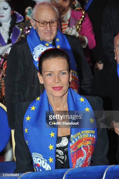 In this handout photo provided by Palais Princier, Princess Stephanie of Monaco attends the Monte-Carlo 37th International Circus Festival on January...