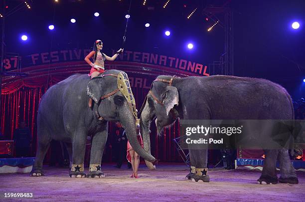 Performers act on stage during day two of the Monte-Carlo 37th International Circus Festival on January 18, 2013 in Monte-Carlo, Monaco.