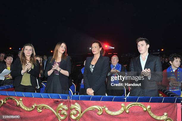 In this handout photo provided by Palais Princier, Camille Gotlieb, Pauline Ducruet, Princess Stephanie of Monaco and Louis Ducruet attends the...