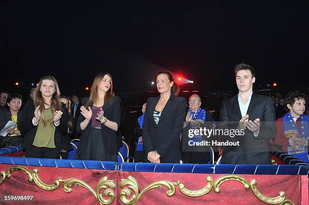 In this handout photo provided by Palais Princier, Camille Gotlieb, Pauline Ducruet, Princess Stephanie of Monaco and Louis Ducruet attends the...