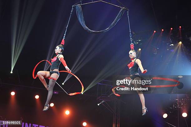 In this handout photo provided by Palais Princier, Performers act on stage during the Monte-Carlo 37th International Circus Festival on January 18,...