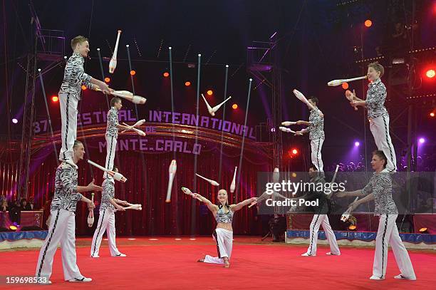 Performers act on stage during day two of the Monte-Carlo 37th International Circus Festival on January 18, 2013 in Monte-Carlo, Monaco.