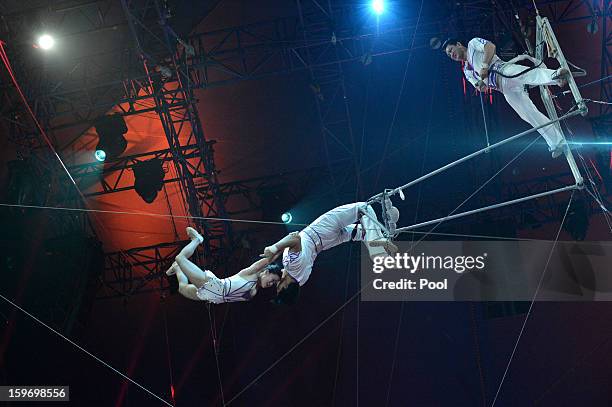 Performers act on stage during day two of the Monte-Carlo 37th International Circus Festival on January 18, 2013 in Monte-Carlo, Monaco.