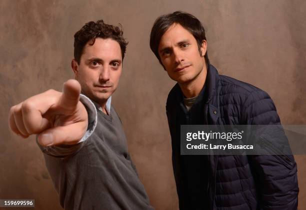 Director Pablo Larrain and actor Gael Garcia Bernal pose for a portrait during the 2013 Sundance Film Festival at the Getty Images Portrait Studio at...