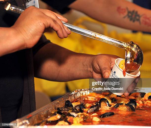 Seafood stew from Antigua being served at the 10th Annual New York Times Travel Show Ribbon Cutting And Preview at Javits Center on January 18, 2013...