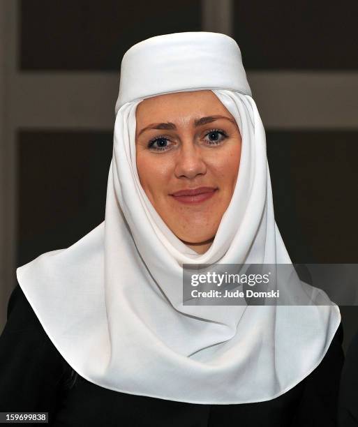 Lithuanian woman wearing a traditional headress at the 10th Annual New York Times Travel Show Ribbon Cutting And Preview at Javits Center on January...