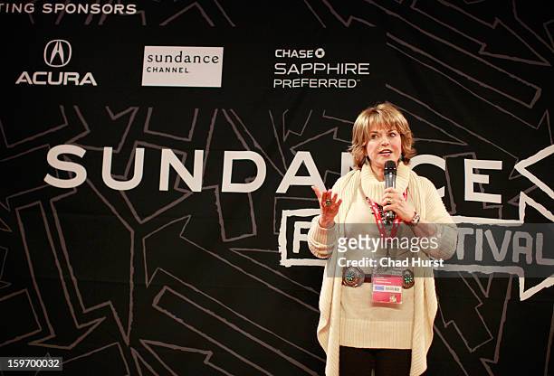 Sundance Institute Vice Chairman of the Board of Trustees Pat Mitchell speaks at the DFP Reception Co-Hosted by CNN Films at Sundance House during...