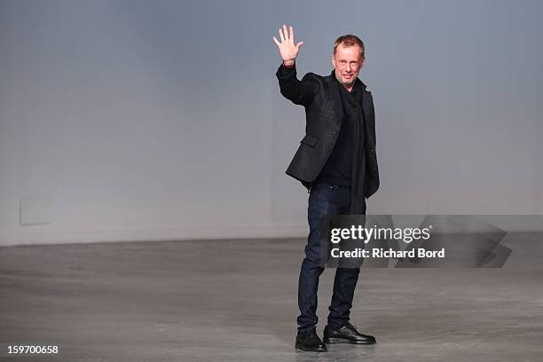 Designer Bill Gaytten walks the runway during the John Galliano Men Autumn / Winter 2013 show as part of Paris Fashion Week on January 18, 2013 in...