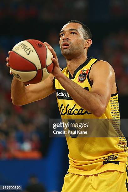 Everard Bartlett of the Wildcats prepares to shoot a free throw during the round 15 NBL match between the Perth Wildcats and the Cairns Taipans at...