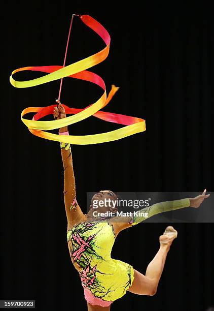 Shasangari Sivaneswary of Malaysia competes in the Women's Rhythmic Gymnastics during day four of the Australian Youth Olympic Festival at Sydney...