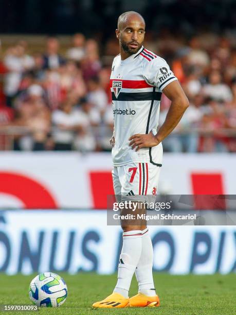 Lucas Moura of Sao Paulo looks on during a match between Sao Paulo and Atletico Mineiro as part of Brasileirao Series A 2023 at Morumbi Stadium on...