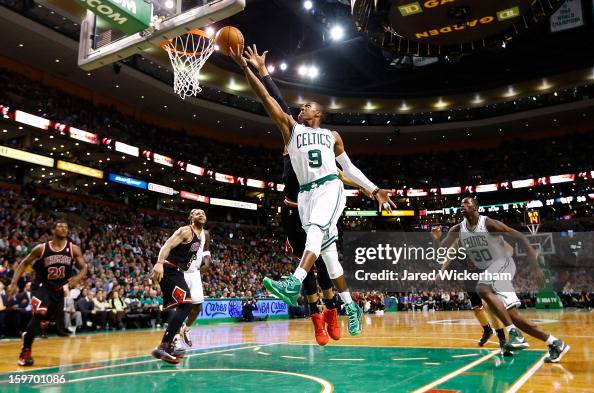 Rajon Rondo of the Boston Celtics goes up for a layup against the ...