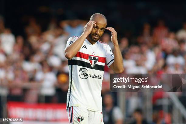 Lucas Moura of Sao Paulo reacts during a match between Sao Paulo and Atletico Mineiro as part of Brasileirao Series A 2023 at Morumbi Stadium on...