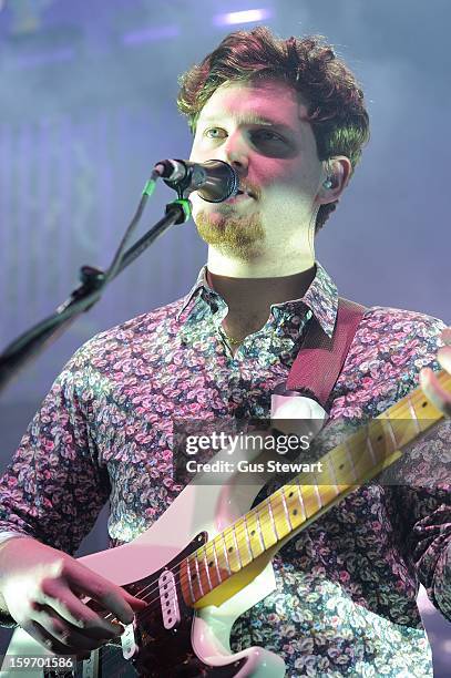 Joe Newman of Alt-J performs on stage at O2 Shepherd's Bush Empire on January 18, 2013 in London, England.