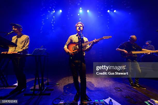 Gus Unger-Hamilton, Joe Newman and Gwil Sainsbury of Alt-J perform on stage at O2 Shepherd's Bush Empire on January 18, 2013 in London, England.