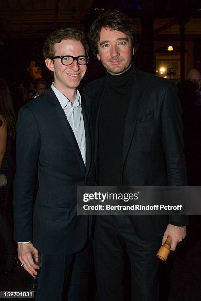 Antoine Arnault and his cousin Ludovic Watine-Arnault attend the Berluti Men Autumn / Winter 2013 presentation at the Great Gallery of Evolution in...