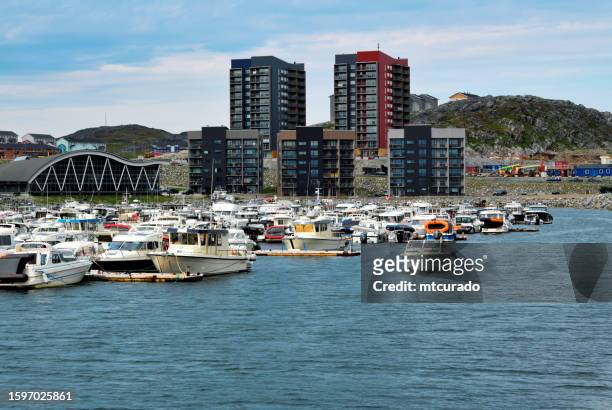 south nuussuaq neighborhood and marina, nuuk, greenland - nuuk greenland stock pictures, royalty-free photos & images