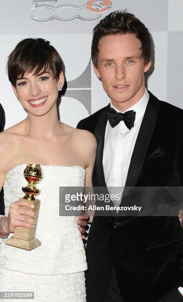 Actress Anne Hathaway and actor Eddie Redmayne of 'Les Miserables' arrive at the NBC Universal's 70th annual Golden Globe Awards after party on...