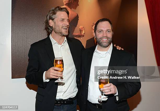 Actor Noah Huntley and Rick Oleshak, U.S. Marketing Director, Stella Artois attend the Stella Artois launch of the Timeless Beauty Campaign shot by...