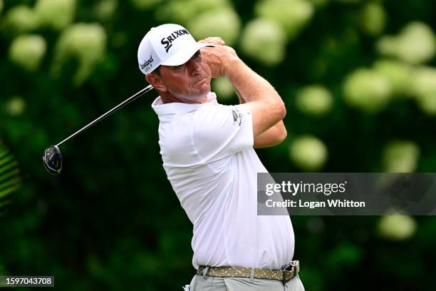Lucas Glover of the United States plays his shot from the eighth tee during the final round of the Wyndham Championship at Sedgefield Country Club on...