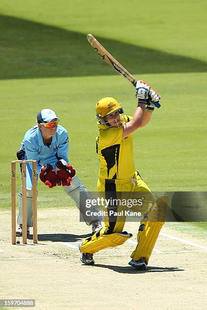 Jenny Wallace of the Fury hits out during the women's Twenty20 final match between the NSW Breakers and the Western Australia Fury at WACA on January...