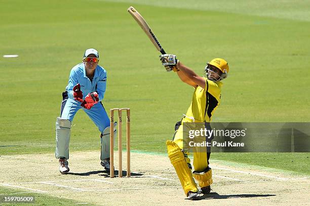 Nicole Bolton of the Fury hits out during the women's Twenty20 final match between the NSW Breakers and the Western Australia Fury at WACA on January...