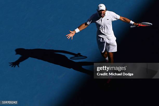 Jeremy Chardy of France celebrates winning his third round match against Juan Martin Del Potro of Argentina during day six of the 2013 Australian...