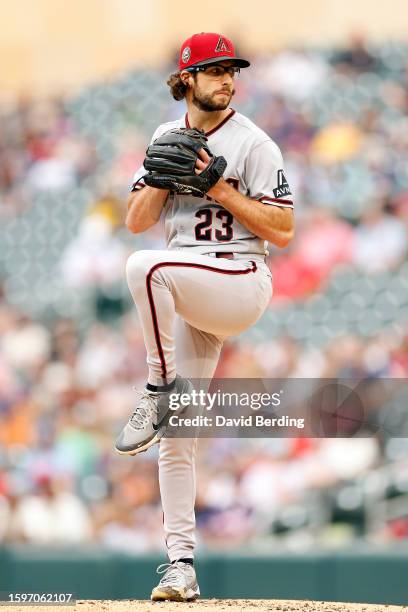 Zac Gallen of the Arizona Diamondbacks pitches against the Minnesota Twins in the second inning at Target Field on August 06, 2023 in Minneapolis,...