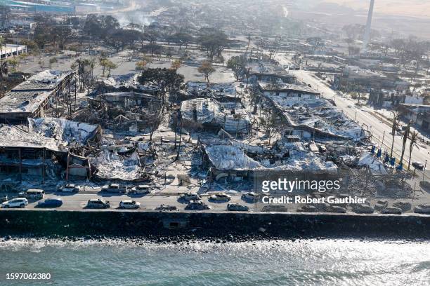 Lahaina, Maui, Thursday, August 11, 2023 - An aerial view of Lahaina days after a wind fueled wildfire gutted the area..