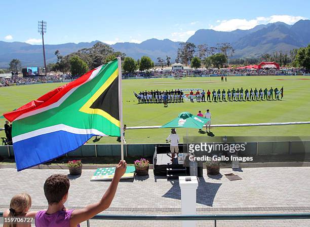 South Africa fans wave a flag during the 1st One Day International match between South Africa and New Zealand at Boland Park on January 19, 2013 in...
