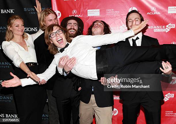 Director Lucy Walker with snowboarders Mikkel Bang, Danny Davis, Luke Mitrani, Jack Mitrani and American snowboarder Kevin Pearce attend "The Crash...