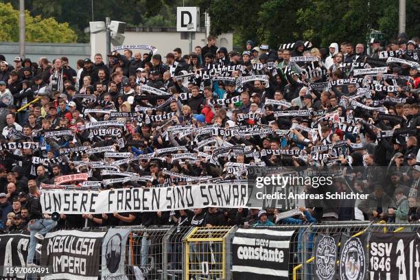 Fans of SSV Ulm during the 3. Liga match between SSV Ulm 1846 and 1. FC Saarbrücken at Donaustadion on August 6, 2023 in Ulm, Germany.