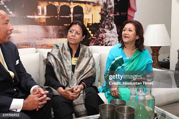 Maharani Vidya Rani and Dharmendar Kanwar during the launch of Rambagh Palace Jaipur - a book written by author Dharmendar Kanwar. The event also...