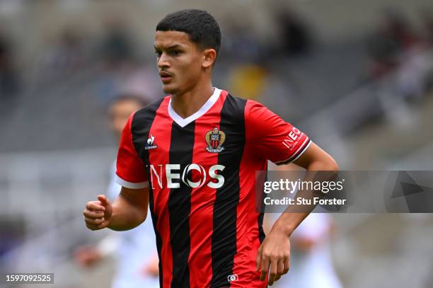 Nice player Reda Belahyane in action during the pre-season friendly match between ACF Fiorentina and OGC Nice at St James' Park on August 06, 2023 in...