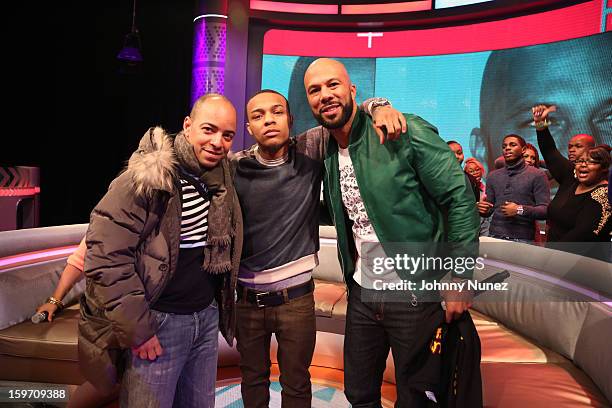 Artist manager Derek Dudley, host Bow Wow, and rapper/actor Common visit BET's "106 & Park" at 106 & Park Studio on January 18, 2013 in New York City.