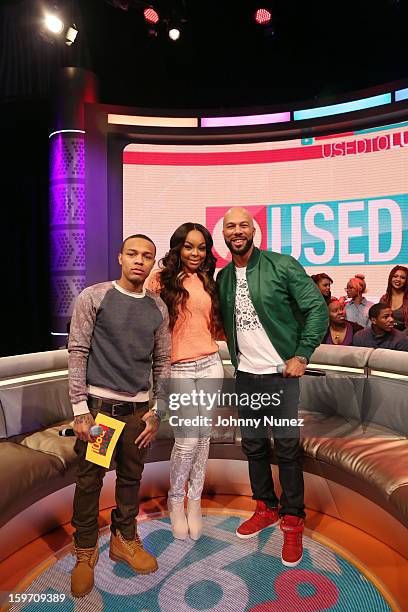 Bow Wow, Kimberly 'Paigion' Walker, and rapper/actor Common visit BET's "106 & Park" at 106 & Park Studio on January 18, 2013 in New York City.