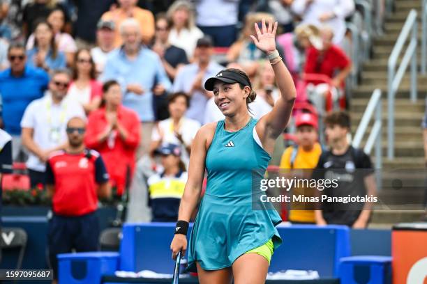 Jessica Pegula of the United States celebrates her 6-1, 6-0 victory over Liudmila Samsonova in the final round on Day 7 during the National Bank Open...