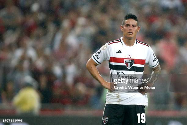 James Rodriguez of Sao Paulo looks on during the match between Flamengo and Sao Paulo as part of Brasileirao 2023 at Maracana Stadium on August 13,...