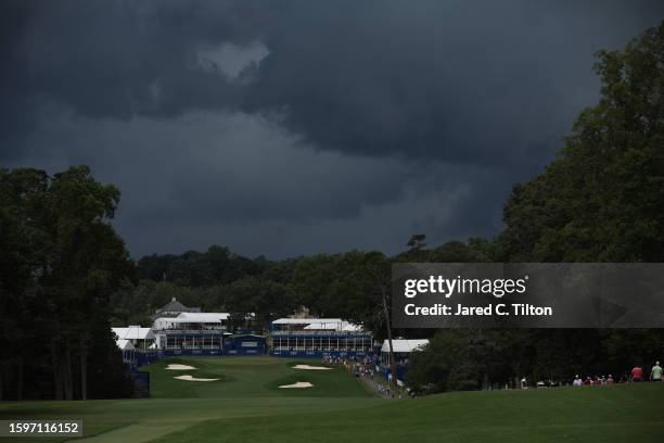 General view of the 18th green as a storm moves in during the final round of the Wyndham Championship at Sedgefield Country Club on August 06, 2023...