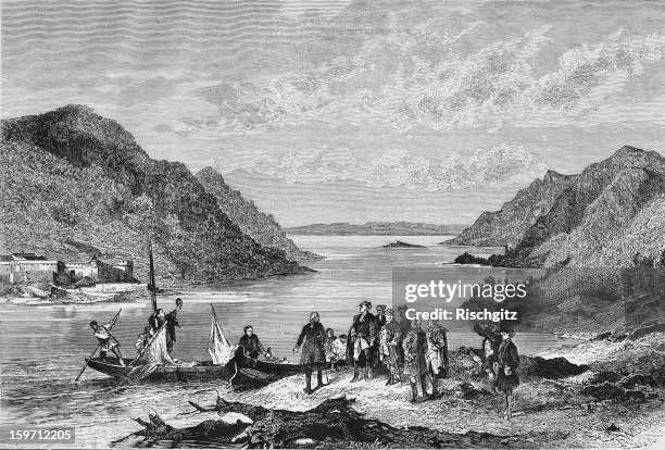 Charles Edward Stuart , or Bonnie Prince Charlie, pretender to the throne, lands at Moidart in Lochaber, Scotland, during the Jacobite rising of...