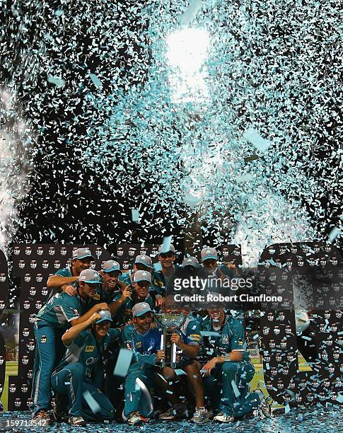 The Brisbane Heat celebrate after they defeated the Scorchers in the Big Bash League final match between the Perth Scorchers and the Brisbane Heat at...